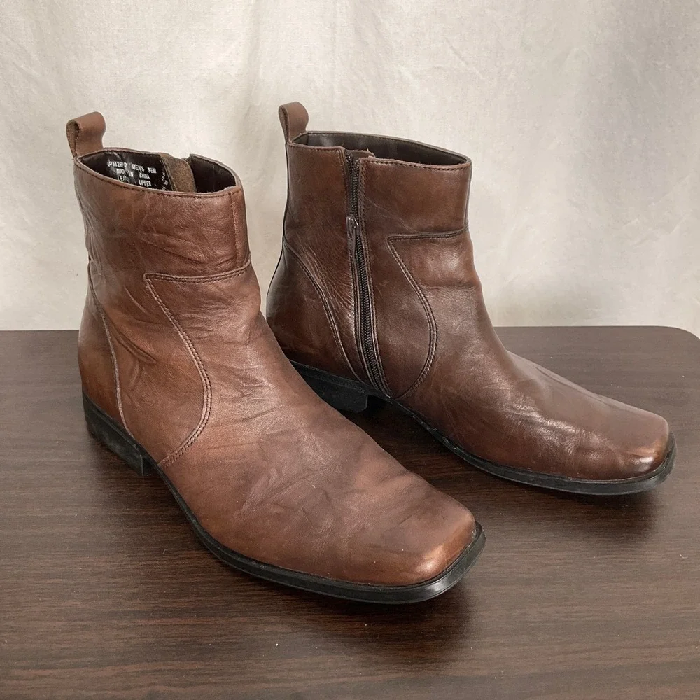 Rockport Boots Men 9.5 Brown Leather Square‎ Toe Side Zip APM2691D Dress Modern